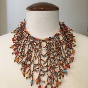 Vintage Italy Coral Reef Tree of Life Beadwork Necklace Italian Glass Statement